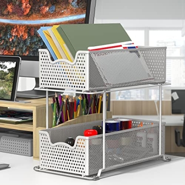 White 2-Tier Sliding Cabinet Basket Organizer Drawer