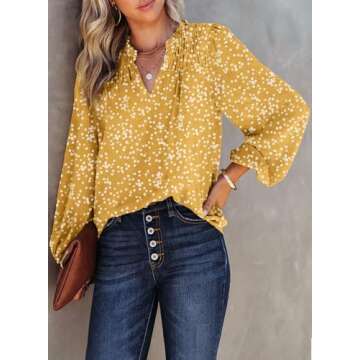 Dokotoo Womens Oversizes Cute Tops for Women 2025 Trendy Casual Summer Fall Smocked Long Sleeve Shirts V Neck Blouses Alicia Floral Flowy Print Work Business Top Yellow XX-Large