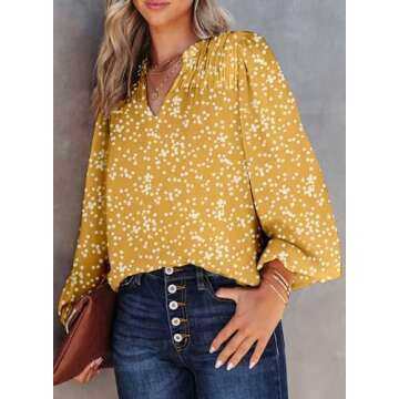Dokotoo Womens Oversizes Cute Tops for Women 2025 Trendy Casual Summer Fall Smocked Long Sleeve Shirts V Neck Blouses Alicia Floral Flowy Print Work Business Top Yellow XX-Large