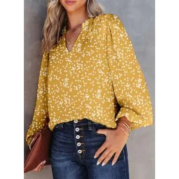 Dokotoo Womens Oversizes Cute Tops for Women 2025 Trendy Casual Summer Fall Smocked Long Sleeve Shirts V Neck Blouses Alicia Floral Flowy Print Work Business Top Yellow XX-Large