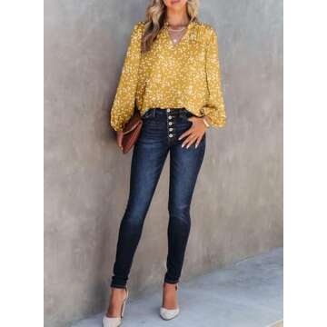 Dokotoo Womens Oversizes Cute Tops for Women 2025 Trendy Casual Summer Fall Smocked Long Sleeve Shirts V Neck Blouses Alicia Floral Flowy Print Work Business Top Yellow XX-Large