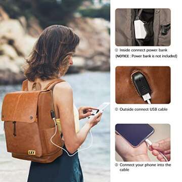 LXY Leather Laptop Backpack Women Vintage Travel Computer Backpack with USB Charging Port, Laptop Pu...