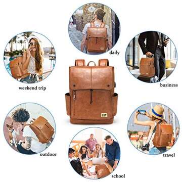 LXY Leather Laptop Backpack Women Vintage Travel Computer Backpack with USB Charging Port, Laptop Purse Book Bag for Ladies Brown