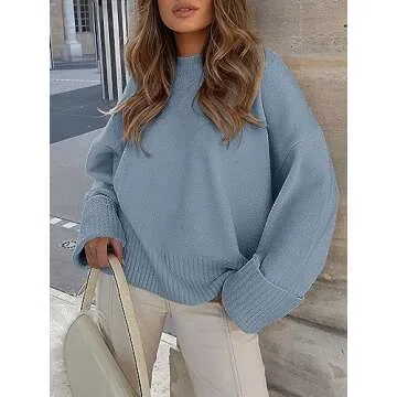 ANRABESS Women's Oversized Crewneck Long Sleeve Fuzzy Knit Casual Chunky Warm 2025 Fall Pullover Sweaters Top Trendy Outfits Grey Blue Medium
