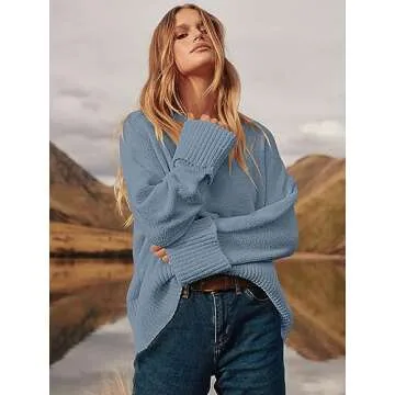 ANRABESS Women's Oversized Crewneck Long Sleeve Fuzzy Knit Casual Chunky Warm 2025 Fall Pullover Sweaters Top Trendy Outfits Grey Blue Medium