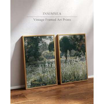 InSimSea 2 Pcs Framed Wall Art Vintage Decor, Vivid Greens Countryside Paintings Above Bed Wall Deco...