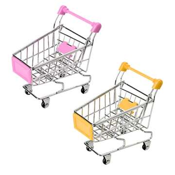 Hvogvok Mini Supermarket Handcart, 2 Pcs Mini Shopping Cart Shopping Utility Cart Mode Storage Toy Office Decor(Pink,Yellow) Toy Shopping cart