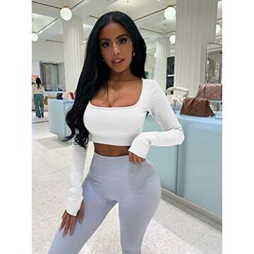 HYZ Women's Sports Yoga Gym Stretch Bodycon Crop Top Compression Workout Athletic Long Sleeve Shirt White