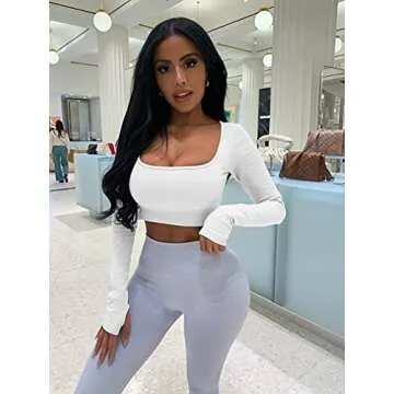 HYZ Women's Sports Yoga Gym Stretch Bodycon Crop Top Compression Workout Athletic Long Sleeve Shirt White