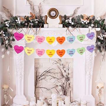 Whaline Valentines Day Conversation Heart Banner with 32Pcs Hearts 32.8ft Candy Color Heart Garland Heart Sayings Pre-Strung Banners for Anniversary Wedding Birthday Party Valentines Decor(2 Strings)