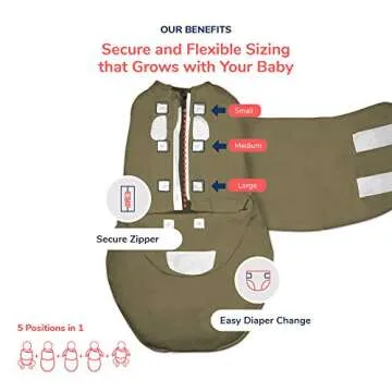 embé 2-Way Starter Baby Swaddle, Newborn Swaddle Sack, Zip & Velcro Baby Wrap, Hip Healthy, Infant, 6-14 lbs, 0-3 Months - Moss