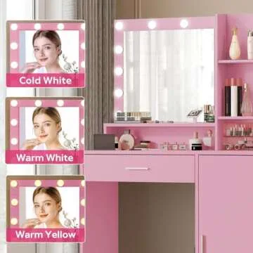 Palimder Vanity Desk with Mirror and Light, Large Drawer and Three Level Storage Dresser, 3 Lighting Modes Adjustable Brightness, Bedroom Dressing Table (Pink)
