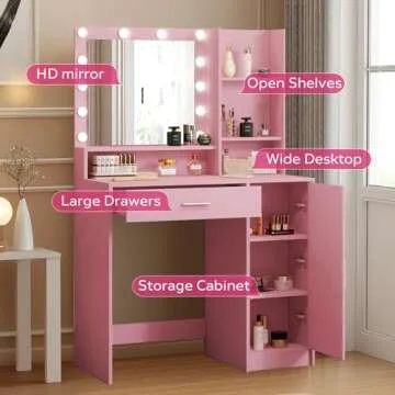Palimder Vanity Desk with Mirror and Light, Large Drawer and Three Level Storage Dresser, 3 Lighting Modes Adjustable Brightness, Bedroom Dressing Table (Pink)
