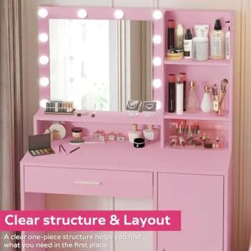 Palimder Vanity Desk with Mirror and Light, Large Drawer and Three Level Storage Dresser, 3 Lighting Modes Adjustable Brightness, Bedroom Dressing Table (Pink)