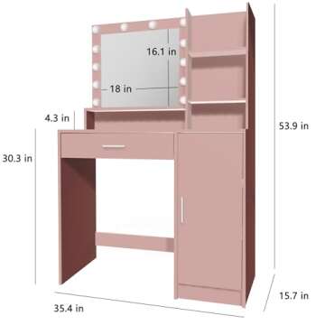 Palimder Vanity Desk with Mirror and Light, Large Drawer and Three Level Storage Dresser, 3 Lighting Modes Adjustable Brightness, Bedroom Dressing Table (Pink)