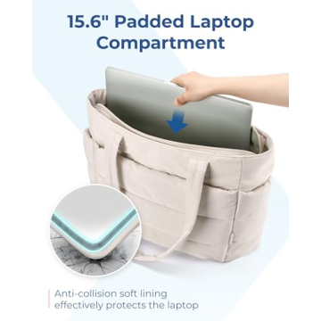 BAGSMART Tote Bag for Women, Lightweight Puffy Tote Bag with Compartments Shoulder Bag Handbag Quilted Shoulder Bag Handbag for Travel, Work, Beach, Gym, Shop(Beige)