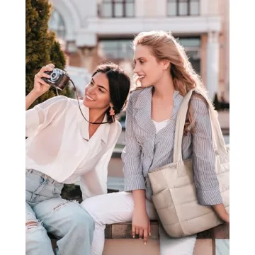 BAGSMART Tote Bag for Women, Lightweight Puffy Tote Bag with Compartments Shoulder Bag Handbag Quilted Shoulder Bag Handbag for Travel, Work, Beach, Gym, Shop(Beige)