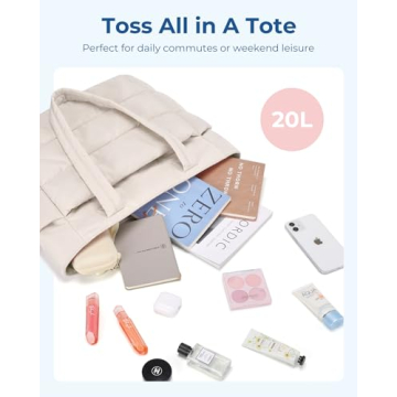 BAGSMART Tote Bag for Women, Lightweight Puffy Tote Bag with Compartments Shoulder Bag Handbag Quilted Shoulder Bag Handbag for Travel, Work, Beach, Gym, Shop(Beige)