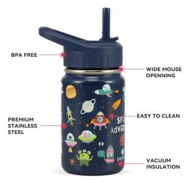 SANTECO Kids Water Bottle for School with Straw Lid,12oz Stainless Steel Insulated Water Bottle for ...