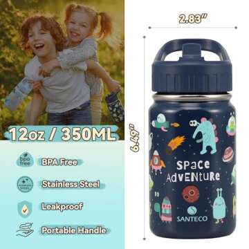 SANTECO Kids Water Bottle for School with Straw Lid,12oz Stainless Steel Insulated Water Bottle for Kids, Leak Proof Cute Animal Toddler Straw Cup for School Girls Boys - Alien