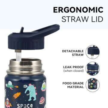 SANTECO Kids Water Bottle for School with Straw Lid,12oz Stainless Steel Insulated Water Bottle for Kids, Leak Proof Cute Animal Toddler Straw Cup for School Girls Boys - Alien