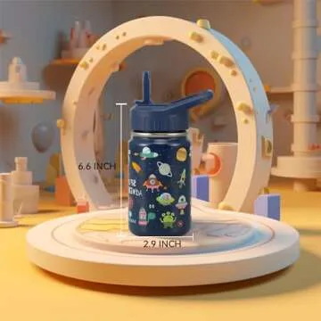 SANTECO Kids Water Bottle for School with Straw Lid,12oz Stainless Steel Insulated Water Bottle for Kids, Leak Proof Cute Animal Toddler Straw Cup for School Girls Boys - Alien