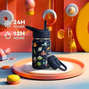 SANTECO Kids Water Bottle for School with Straw Lid,12oz Stainless Steel Insulated Water Bottle for Kids, Leak Proof Cute Animal Toddler Straw Cup for School Girls Boys - Alien
