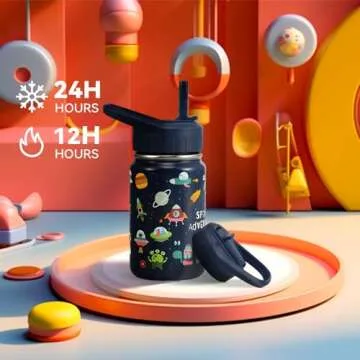 SANTECO Kids Water Bottle for School with Straw Lid,12oz Stainless Steel Insulated Water Bottle for Kids, Leak Proof Cute Animal Toddler Straw Cup for School Girls Boys - Alien