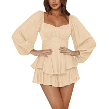 LYANER Women's Jumpsuit Lantern Long Sleeve Ruffle Layer Tie Mini Short Romper