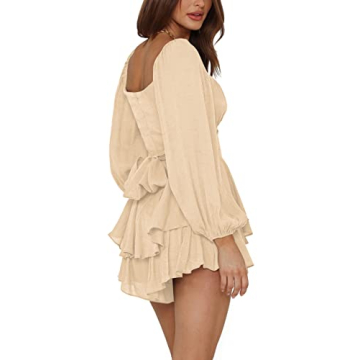LYANER Women's Jumpsuit Lantern Long Sleeve Ruffle Layer Tie Mini Short Romper