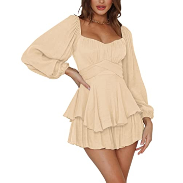 LYANER Women's Jumpsuit Lantern Long Sleeve Ruffle Layer Tie Mini Short Romper