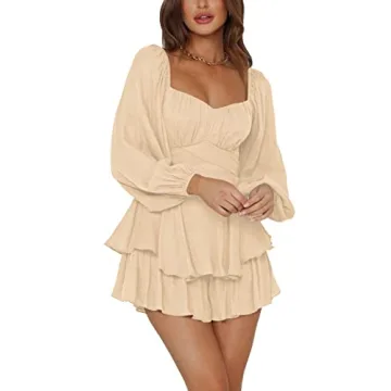 LYANER Women's Jumpsuit Lantern Long Sleeve Ruffle Layer Tie Mini Short Romper