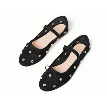 Coutgo Womens Mesh Ballet Flats Crystal Rhinestone Studded Comfortable Mary Jane Dress Shoes, Black, Size 7.5