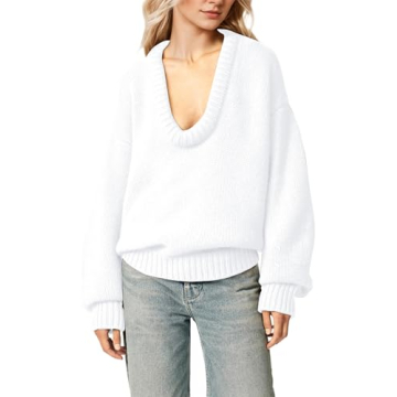 MISSACTIVER Women's Low Cut U Neck Oversized Sweater Casual Solid Long Sleeve Drop Shoulder 2024 Win...