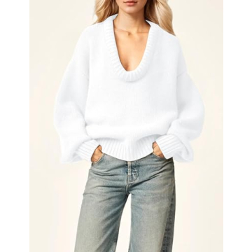 MISSACTIVER Women's Low Cut U Neck Oversized Sweater Casual Solid Long Sleeve Drop Shoulder 2024 Winter Pullover Jumper Tops Beige