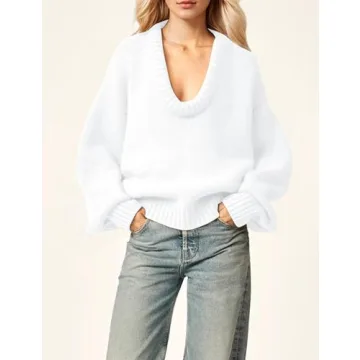 MISSACTIVER Women's Low Cut U Neck Oversized Sweater Casual Solid Long Sleeve Drop Shoulder 2024 Winter Pullover Jumper Tops Beige