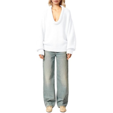 MISSACTIVER Women's Low Cut U Neck Oversized Sweater Casual Solid Long Sleeve Drop Shoulder 2024 Winter Pullover Jumper Tops Beige