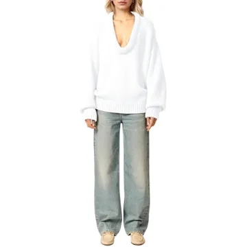 MISSACTIVER Women's Low Cut U Neck Oversized Sweater Casual Solid Long Sleeve Drop Shoulder 2024 Winter Pullover Jumper Tops Beige