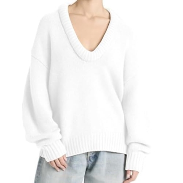 MISSACTIVER Women's Low Cut U Neck Oversized Sweater Casual Solid Long Sleeve Drop Shoulder 2024 Winter Pullover Jumper Tops Beige