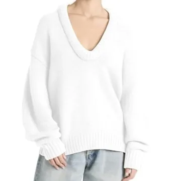 MISSACTIVER Women's Low Cut U Neck Oversized Sweater Casual Solid Long Sleeve Drop Shoulder 2024 Winter Pullover Jumper Tops Beige