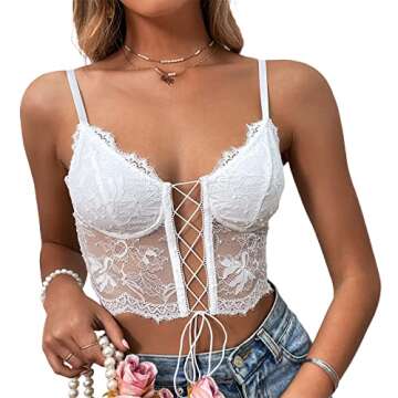 Sunloudy Women's Lace Up Corset Top Sleeveless Bustier Camisole Backless Tank Vest Crop Top Slim Clubwear Party Tops (White, L)