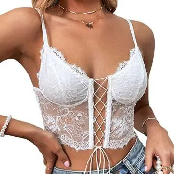 Sunloudy Women's Lace Up Corset Top Sleeveless Bustier Camisole Backless Tank Vest Crop Top Slim Clubwear Party Tops (White, L)