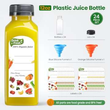 24 PACK, 12 OZ Reusable Plastic Juice Bottles with Caps, Plus 24 Labels & 2 Silicone Funnels - Clear...