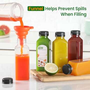 24 PACK, 12 OZ Reusable Plastic Juice Bottles with Caps, Plus 24 Labels & 2 Silicone Funnels - Clear Juicing Bottles for Juice, Smoothies, Ginger, Tea, Coffee - Food Grade & Leakproof Travel Bottles