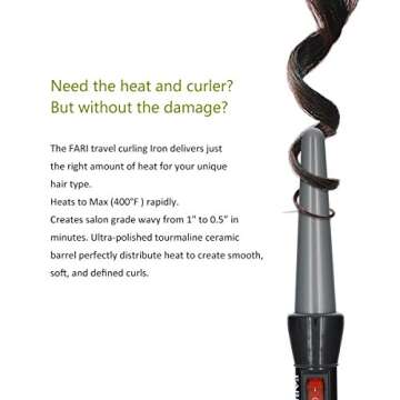 FARI Travel Mini Hair Curling Iron Wand with Ceramic Tourmaline Coating, Dual Voltage Fast Heating B...