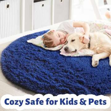 Navy Blue Fluffy Circle Rug - 5'X5' for Kids, Teens, Nursery & Dorm - Shaggy, Fuzzy Plush Carpet - I...