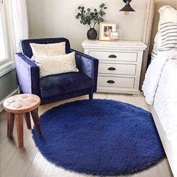 Navy Blue Fluffy Circle Rug - 5'X5' for Kids, Teens, Nursery & Dorm - Shaggy, Fuzzy Plush Carpet - Indigo - Cute Room Decor