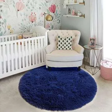 Navy Blue Fluffy Circle Rug - 5'X5' for Kids, Teens, Nursery & Dorm - Shaggy, Fuzzy Plush Carpet - Indigo - Cute Room Decor