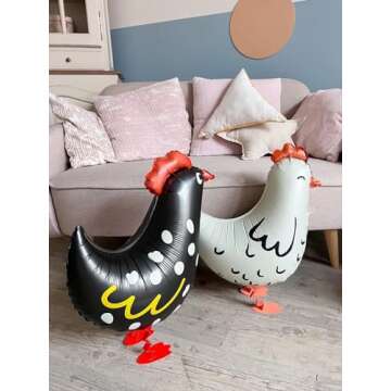 Generic 6Pcs Walking Pet Chicken Foil Balloons for kids gift,Standing Animal Mylar Balloon,Supplies Animal Theme Birthday Party Decorations Baby Shower (3Pcs white chicken 3Pcs black chicken)