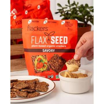 Flackers Organic Savory Flaxseed Crackers, Gluten Free, Non GMO, Vegan, Keto Snack, 8g Fiber, 3g Net Carbs, 5 Ounce 4-Pack